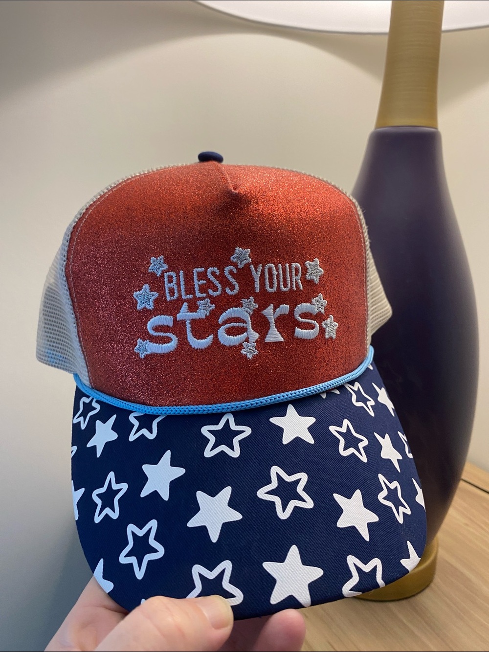Sparkling Red Top Trucker Hat with Navy Button